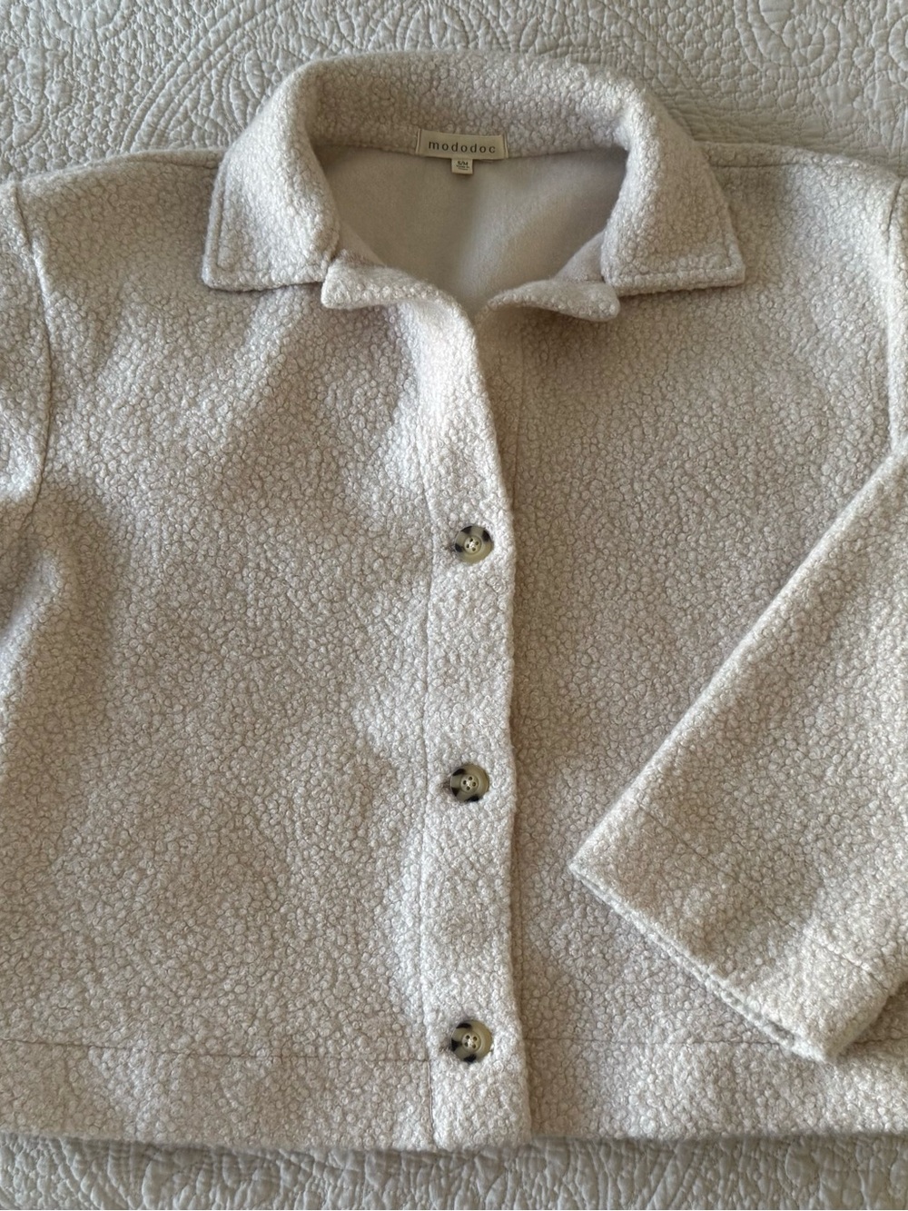 Mododoc Cream Teddy Button-Front Jacket with Classic Collar